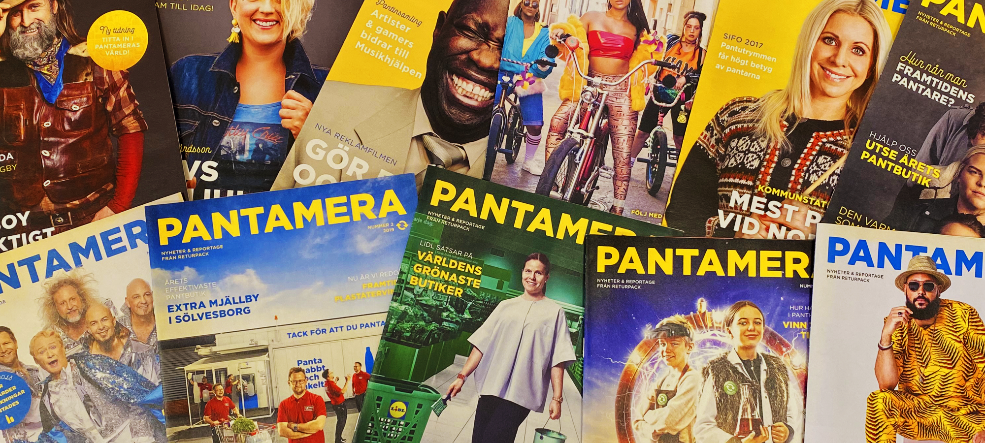 Flera framsidor av kundtidningen Pantamera Nytt 